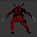 Deadpool in Red Black Costume with Samurai Swords and Clawed Hands Fighting Stance