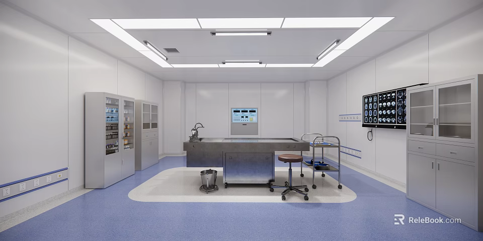 Modern Laboratory Interior With White Walls Blue Flooring Lab Bench Instrument Cabinets And Carts 3d model 