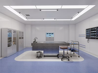 Modern Laboratory Interior With White Walls Blue Flooring Lab Bench Instrument Cabinets And Carts 3d model