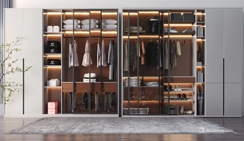Modern Double Door Glass Wardrobe With LED Lighting And Storage Compartments Interior Design 3d model 