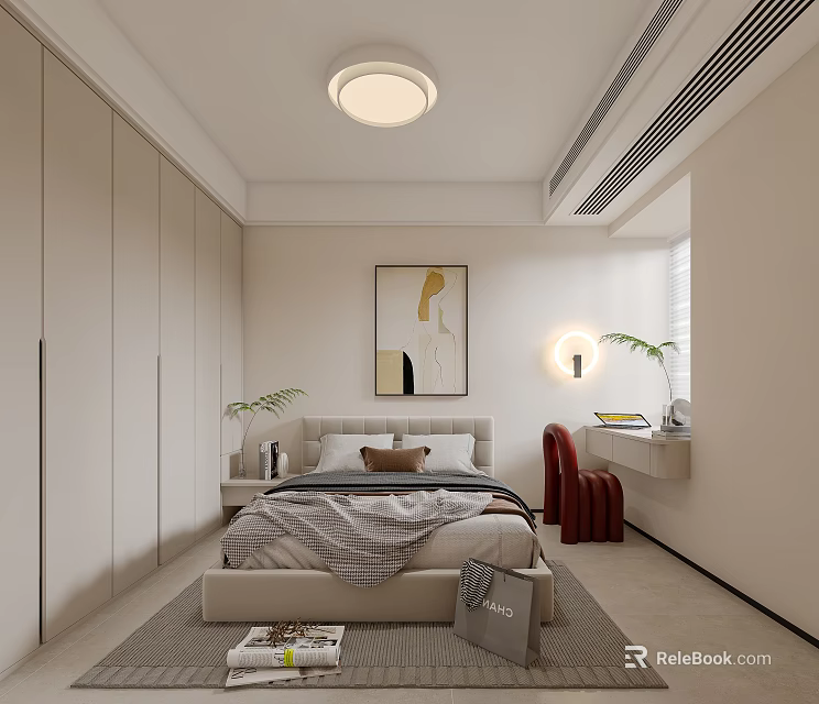 Modern Bedroom Interior Design With Built in Cabinets Abstract Painting And Red Chair 3d model 