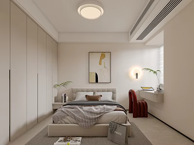 Modern Bedroom Interior Design With Built in Cabinets Abstract Painting And Red Chair 3d model