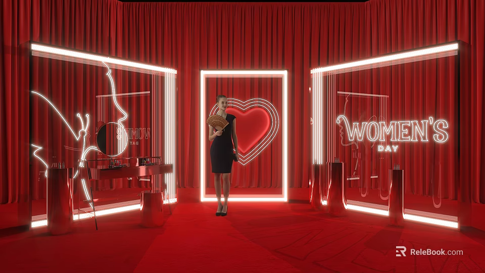 Woman In Black Dress At Women's Day Setup With Red Curtains Neon Heart Decorations 3d model 