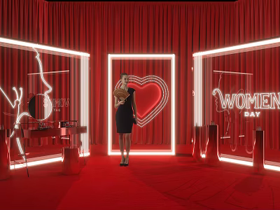 Woman In Black Dress At Women's Day Setup With Red Curtains Neon Heart Decorations 3d model