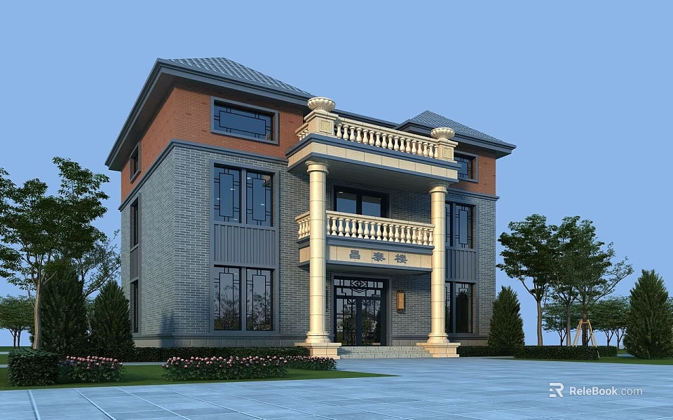 Classic Two Story Detached Villa Featuring Brick Stone Exterior Balcony Columns And Garden Trees 3d model 