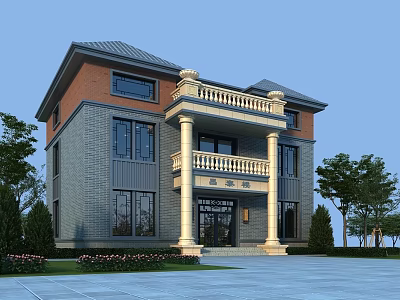 Classic Two Story Detached Villa Featuring Brick Stone Exterior Balcony Columns And Garden Trees 3d model