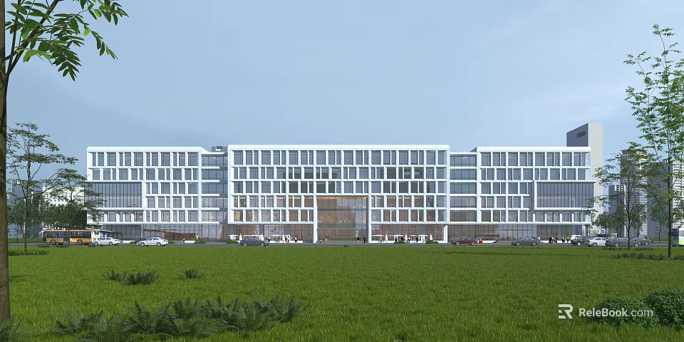 Modern Office Building With Glass Facade Green Lawn And Front Parking Area 3d model 