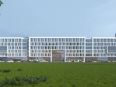 Modern Office Building With Glass Facade Green Lawn And Front Parking Area 3d model