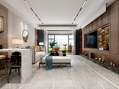Modern Living And Dining Room Interior With Sofa TV Wall Marble Floor And Plants 3d model