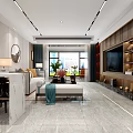 Modern Living And Dining Room Interior With Sofa TV Wall Marble Floor And Plants