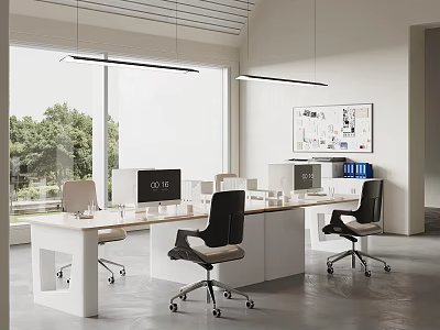 Modern Office Interior With White Desk Large Windows Green Trees And Ergonomic Chairs 3d model