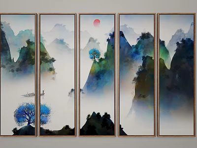 Five Panel Chinese Ink Wash Landscape Painting With Red Sun Mountain Scenes And Small Boat 3d model