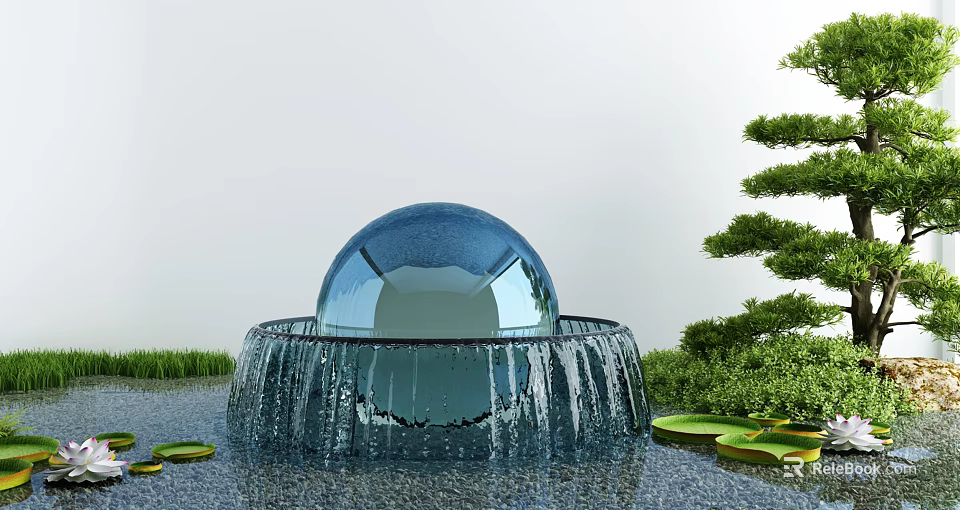 Garden Ornament Glass Sphere Fountain With Flowing Water Surrounded By Green Plants And Lily Pads 3d model 