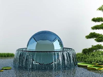 Garden Ornament Glass Sphere Fountain With Flowing Water Surrounded By Green Plants And Lily Pads 3d model