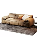 Stylish Brown Leather Three Seater Sofa With Pillows And Magazine On Rug Near Side Table