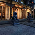 Ancient Architecture Night View With Full Moon Stone Lions And People Walking On Street