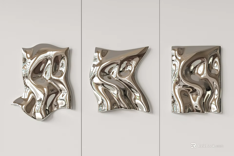 Silver Metallic Abstract Wall Decor with Wavy Texture and Glossy Finish for Modern Home 3d model 