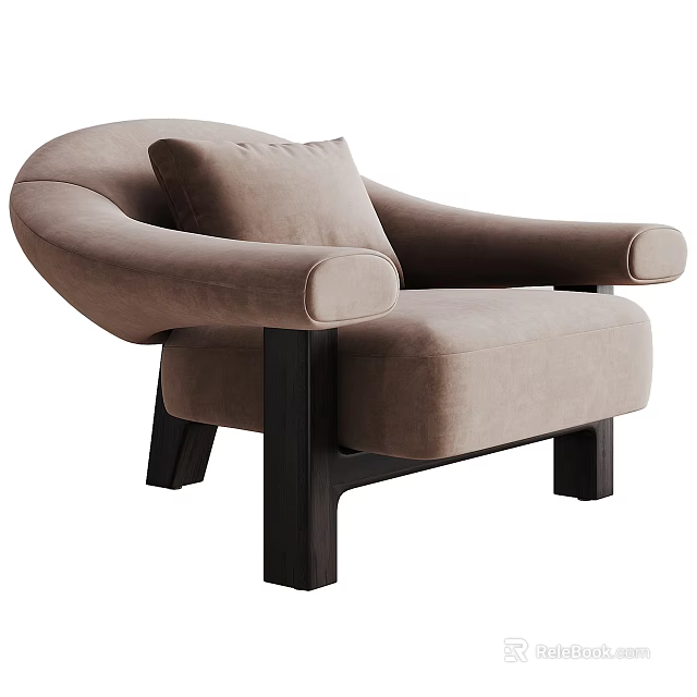 Modern Upholstered Beige Single Sofa With Curved Armrests And Dark Wooden Legs 3d model 
