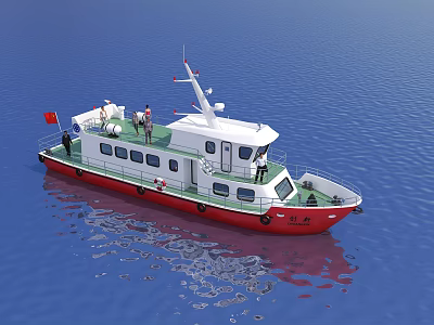 White and Red Yacht Sailing on Blue Sea with People and Flag 3d model