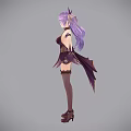 Fantasy Game and Movie Character With Purple Long Hair Horns Purple Gold Outfit Long Gloves