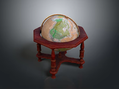 Classic Globe With Red Wooden Hexagonal Stand And Colored Geographic Map 3d model