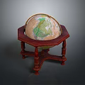 Classic Globe With Red Wooden Hexagonal Stand And Colored Geographic Map