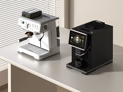 Modern Kitchen Coffee Machines White And Black On Table With Blinds Background 3d model