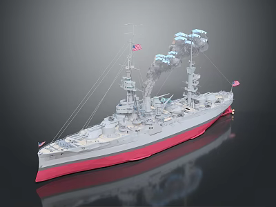Vintage Battleship With Smoke Emitting American Flag Decorated Gray And Pink Hull 3d model