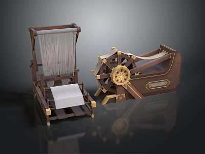 Traditional Vintage Wooden Weaving Looms With Spinning Wheel And Cotton Yarn 3d model