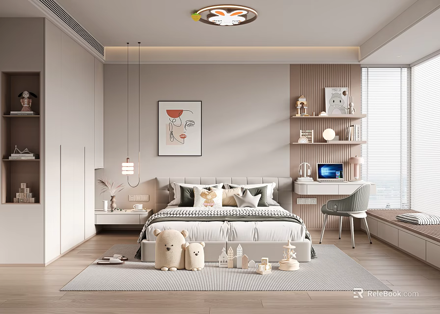 Kids Room Interior With Bed Stuffed Toys Bookshelf Desk Chair And Decorative Elements 3d model 