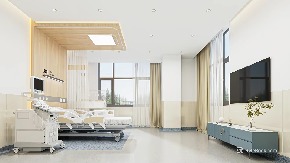 Modern Hospital Outpatient Clinic Interior With Beds Medical Equipment And Bright Space 3d model 