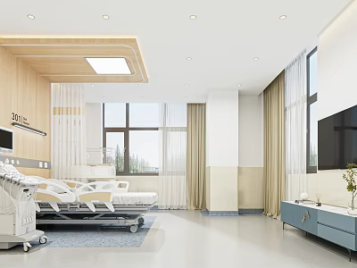 Modern Hospital Outpatient Clinic Interior With Beds Medical Equipment And Bright Space 3d model