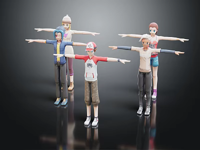 Multiple Anime Style Characters in Various Outfits Standing with Arms Outstretched 3d model