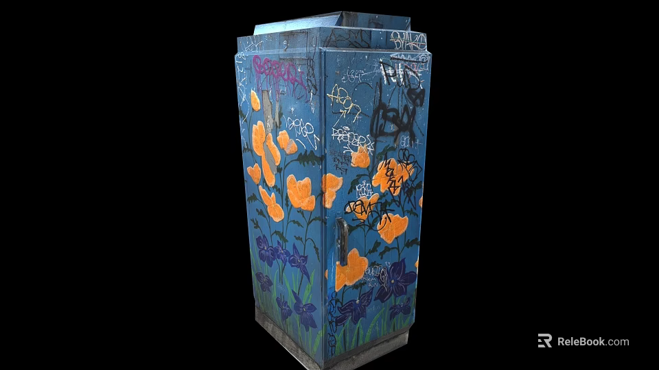 Graffiti Decorated Electrical Equipment Box With Orange Flowers And Purple Leaves On Black Background 3d model 