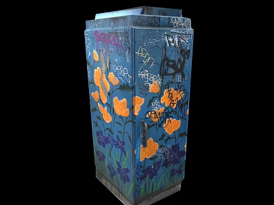 Graffiti Decorated Electrical Equipment Box With Orange Flowers And Purple Leaves On Black Background 3d model