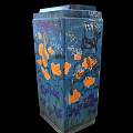 Graffiti Decorated Electrical Equipment Box With Orange Flowers And Purple Leaves On Black Background