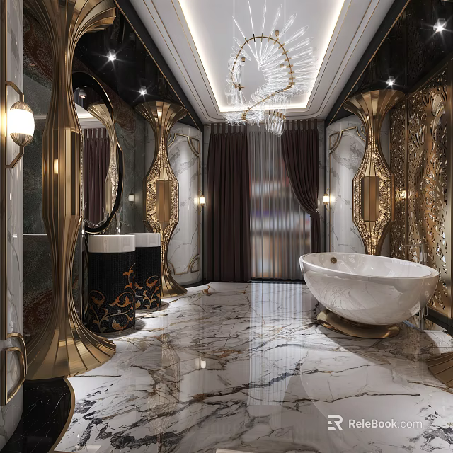 Luxurious Upscale Bathroom Interior Design With Gorgeous Golden Decorations Marble Flooring And Freestanding White Bathtub 3d model 