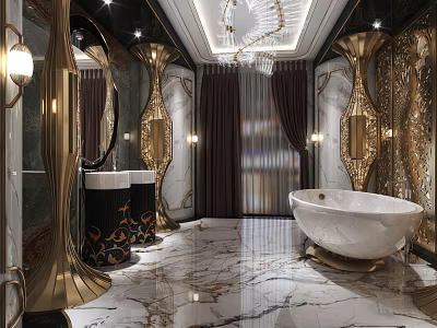Luxurious Upscale Bathroom Interior Design With Gorgeous Golden Decorations Marble Flooring And Freestanding White Bathtub 3d model
