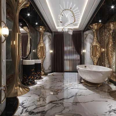 Luxurious Upscale Bathroom Interior Design With Gorgeous Golden Decorations Marble Flooring And Freestanding White Bathtub 3d model