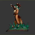Anthropomorphic Fox Character With Green Hair And Orange Body On Grass Base With Blue Flowers