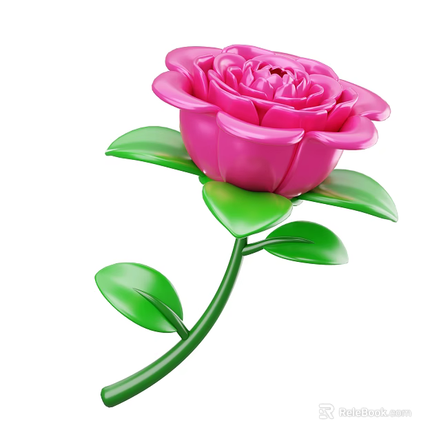 Vibrant Pink Rose With Lush Green Leaves And Curved Stem In Bloom 3d model 