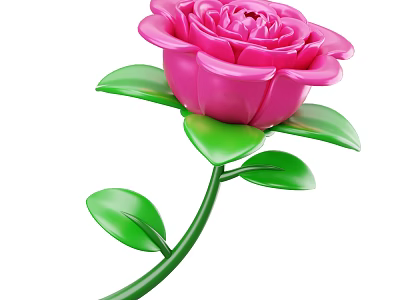 Vibrant Pink Rose With Lush Green Leaves And Curved Stem In Bloom 3d model