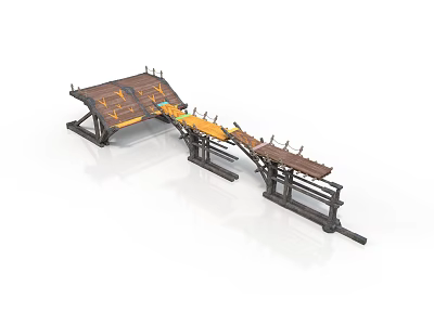 Ancient Wooden Bridge Structure With Brown Yellow Roof Beams And Support Frames 3d model