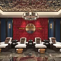 Elegant SPA Sauna Lounge With Massage Chairs Red Blue Walls Chandelier And TV Screen