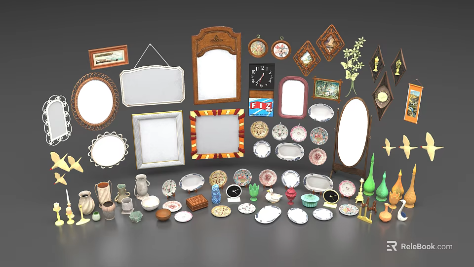 Decorative Ornament Set With Various Frames Clocks Vases Plates For Home 3d model 