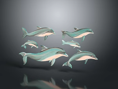 Five Turquoise And White Dolphins Against Gray Background With Reflections 3d model