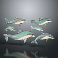 Five Turquoise And White Dolphins Against Gray Background With Reflections