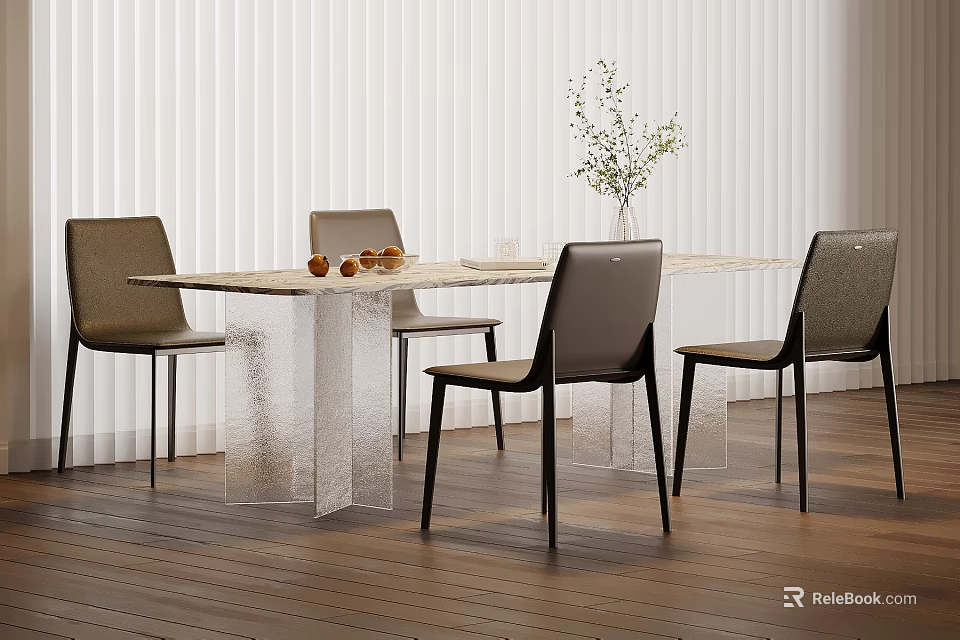 Modern Dining Table Set With Marble Top Four Chairs Wooden Floor White Blinds 3d model 