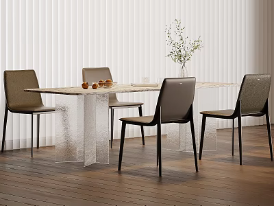 Modern Dining Table Set With Marble Top Four Chairs Wooden Floor White Blinds 3d model