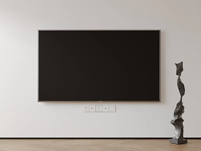 Large Black Wall Mounted Television On White Wall With Modern Sculpture And Wooden Floor 3d model